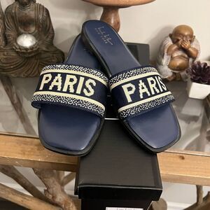 NIB women’s Nicole Miller Navy Blue City Paris Sandal slides.  Size 9